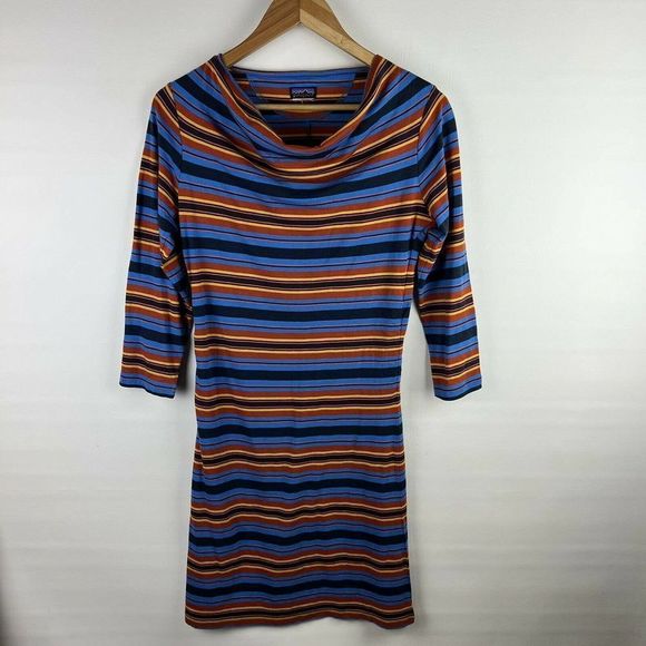 Patagonia Womens Small Dress Cowl Neck Andes Blue Orange Striped Dress - Picture 3 of 9